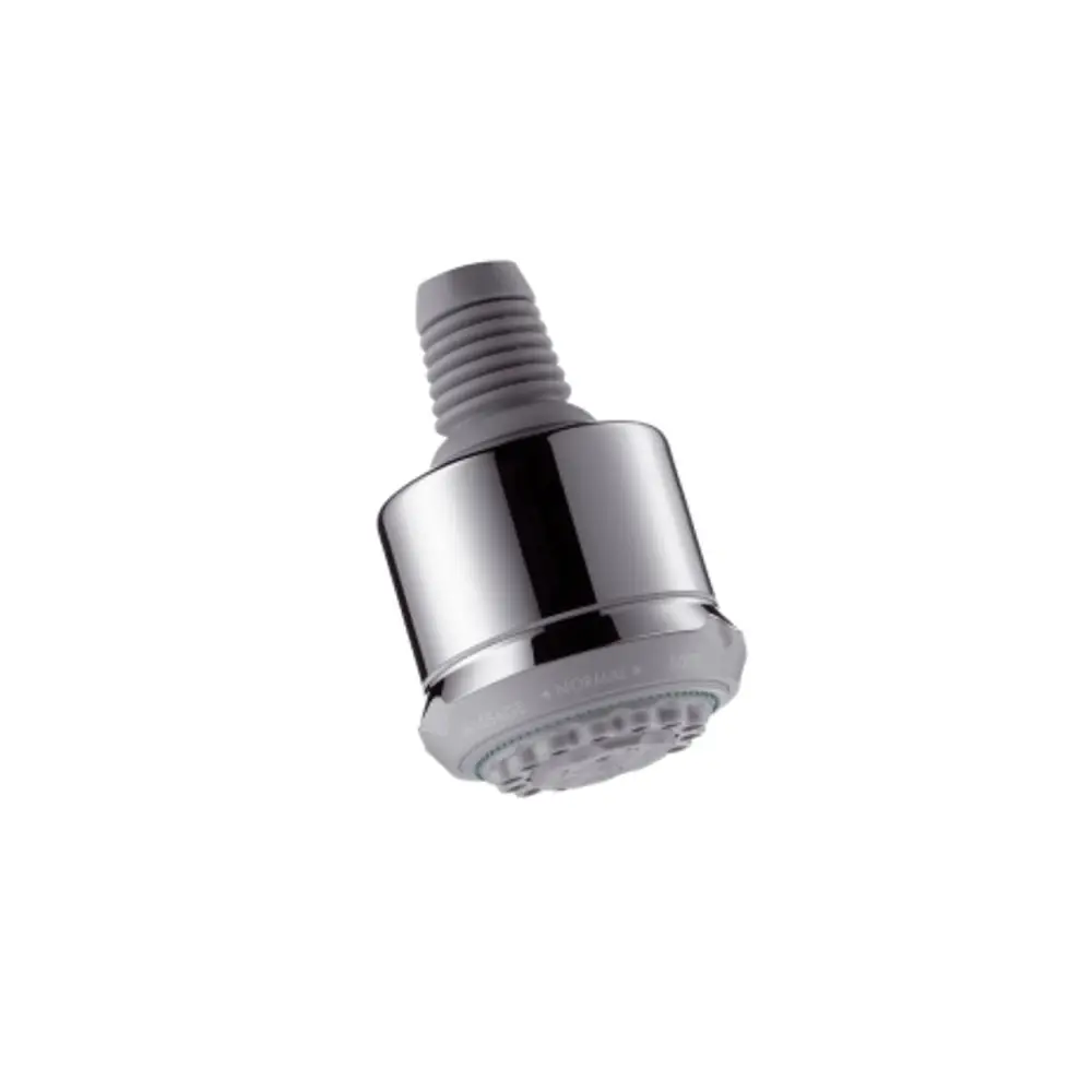 Kopfbrause mit chromfarbener Oberfläche und drei Sprühfunktionen, präsentiert von Hansgrohe. Der Anschluss ist für eine Standardarmatur vorgesehen.